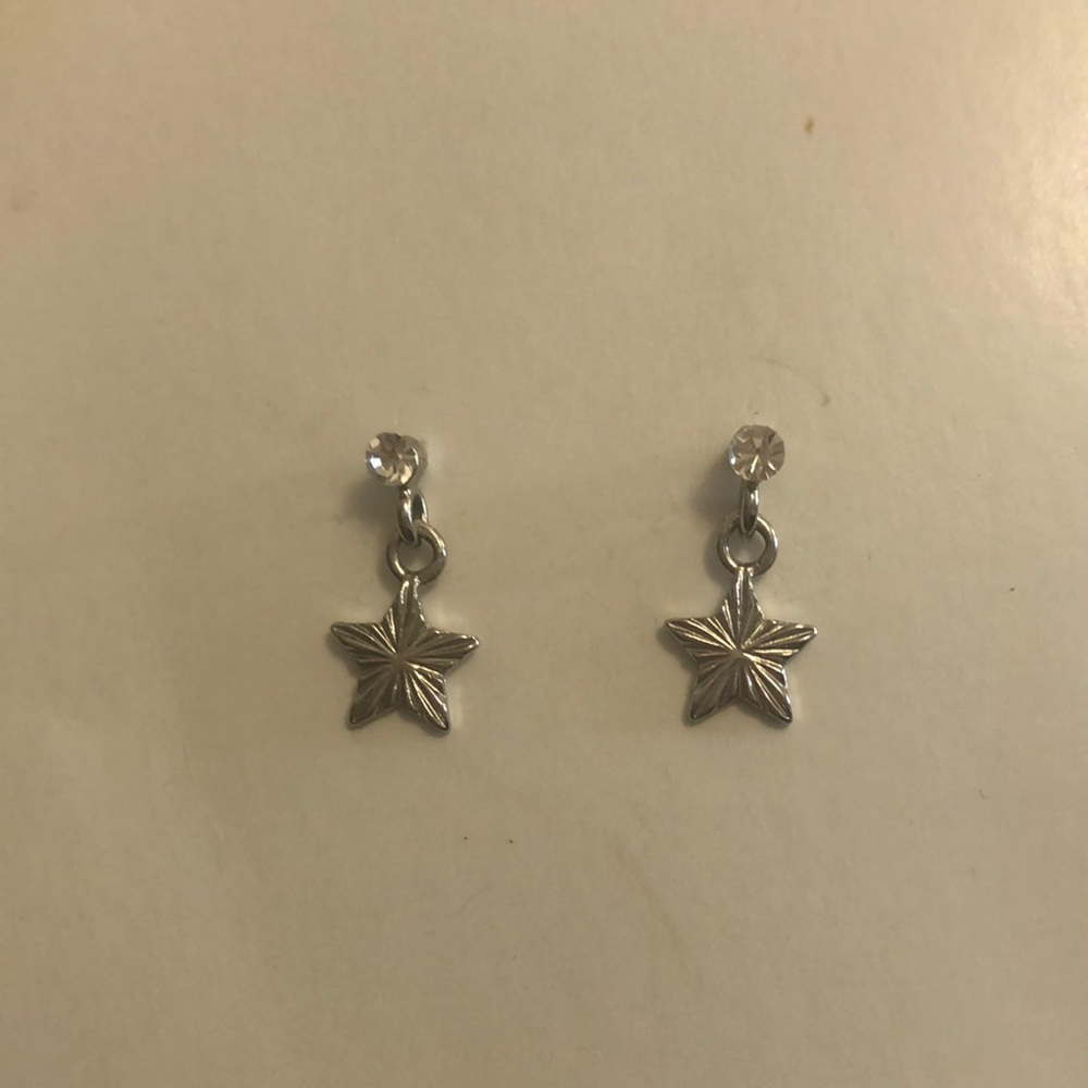 Silver Star Dangle Earrings crystal stud Butterfly backing Excellent Condition